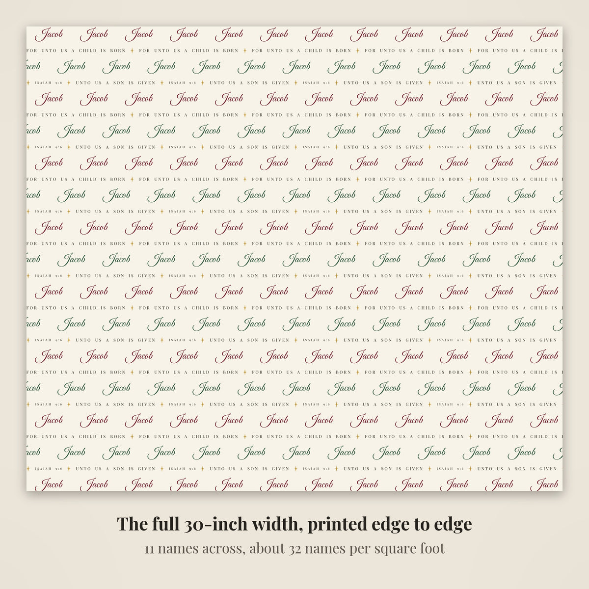 The full 30-inch width of personalized Isaiah 9:6 scripture Christmas paper in ivory, 11 names across every row