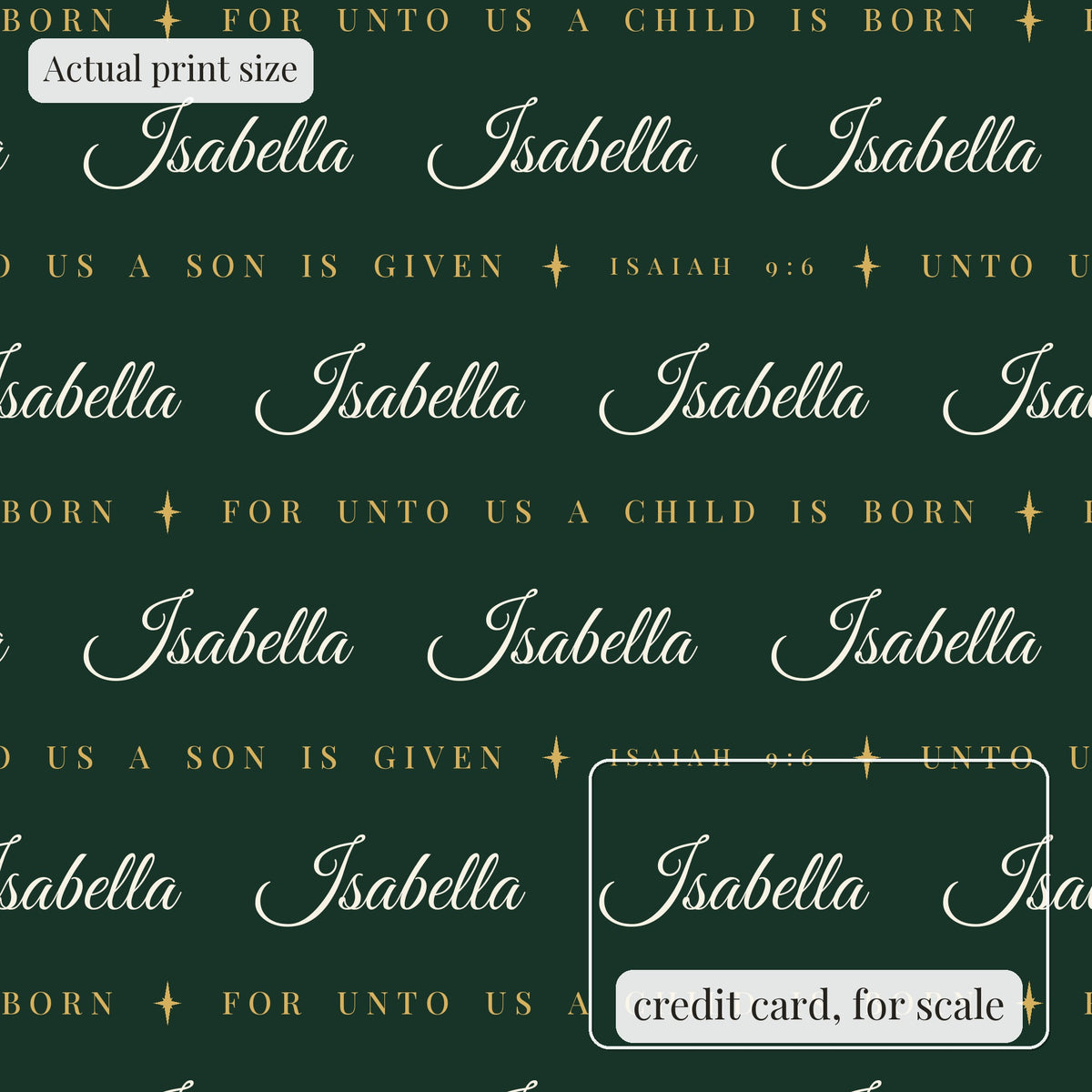 Personalized Isaiah 9:6 scripture Christmas paper in evergreen and gold at actual print size, with a credit card outline for scale