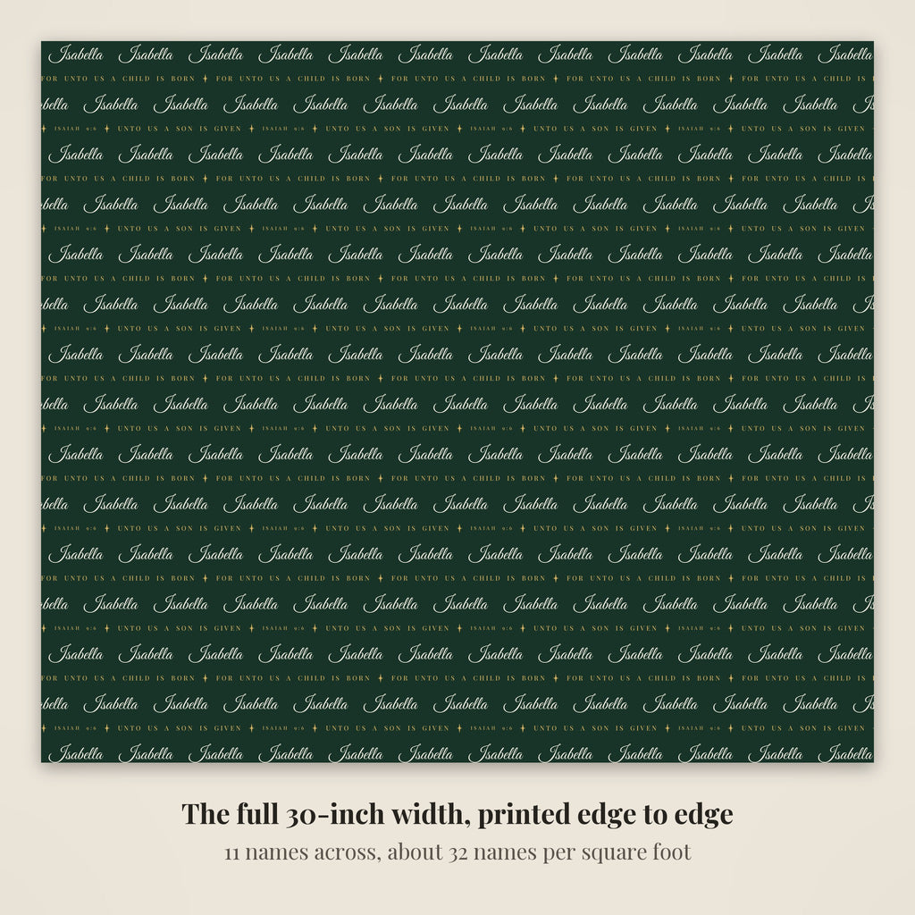The full 30-inch width of personalized Isaiah 9:6 scripture Christmas paper in evergreen and gold, 11 names across every row