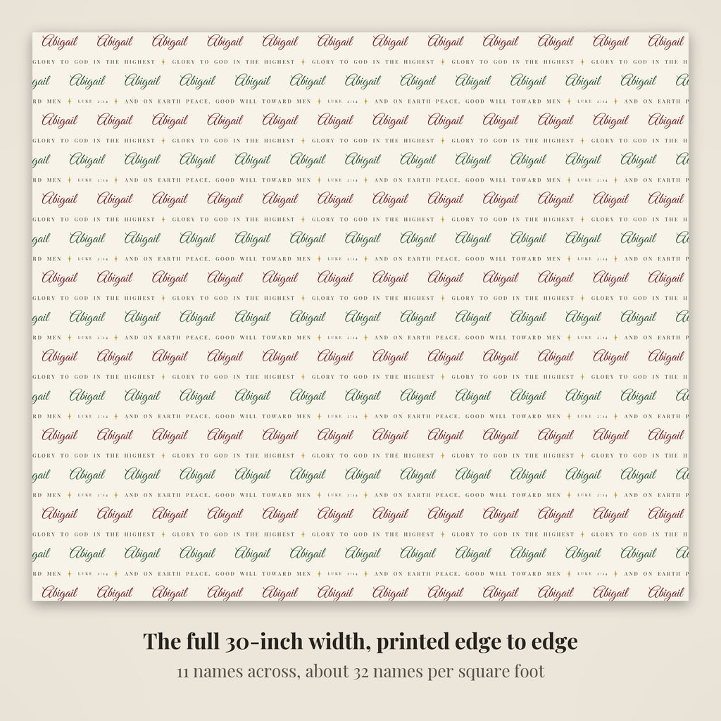 The full 30-inch width of personalized Luke 2:14 scripture Christmas paper in ivory, 11 names across every row