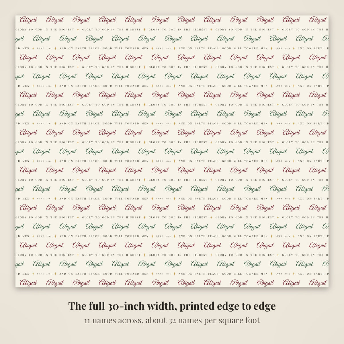 The full 30-inch width of personalized Luke 2:14 scripture Christmas paper in ivory, 11 names across every row