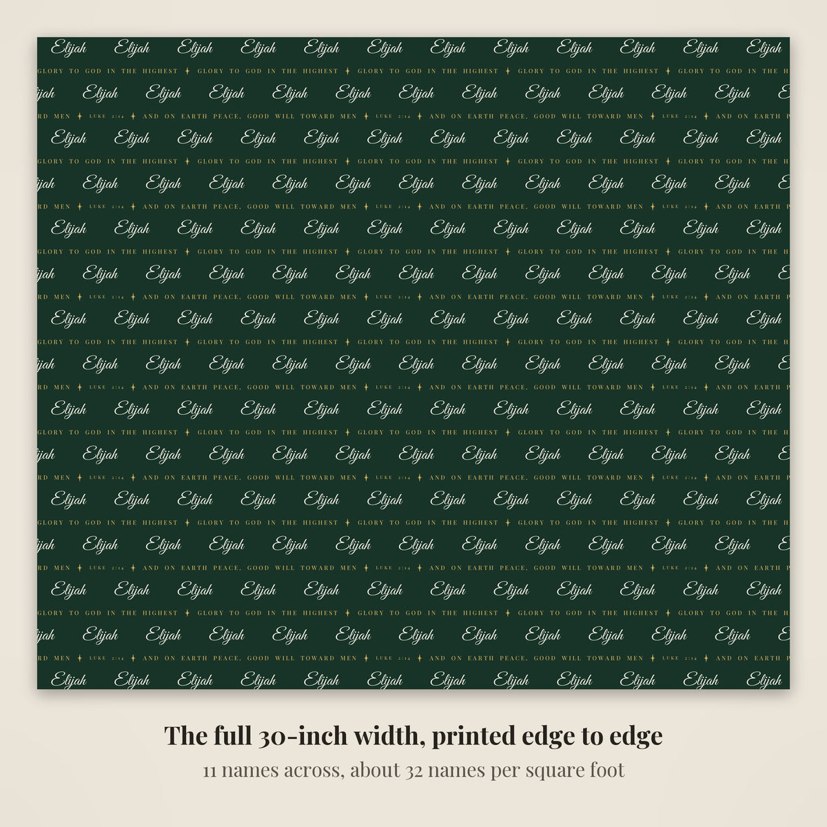 The full 30-inch width of personalized Luke 2:14 scripture Christmas paper in evergreen and gold, 11 names across every row