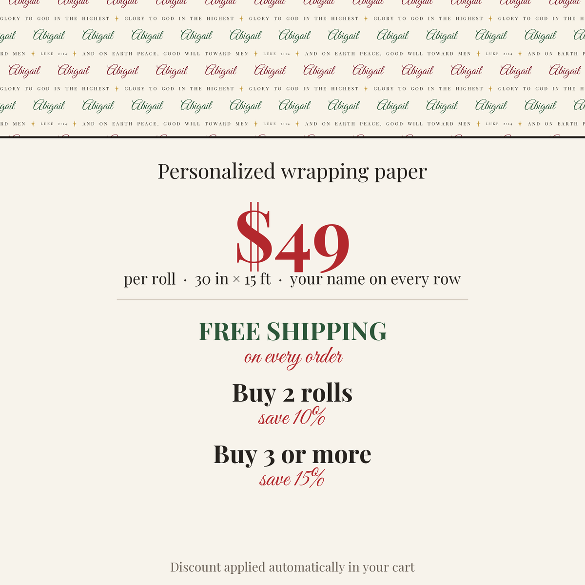 $49 per roll, free shipping on every order, buy 2 rolls save 10%, buy 3 or more save 15%
