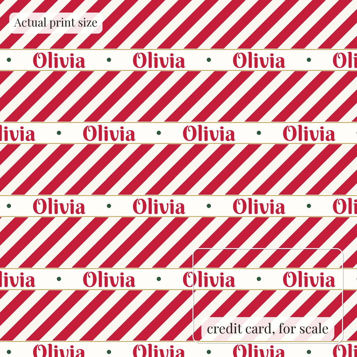 Candy cane personalized wrapping paper at actual print size, with a credit card outline for scale