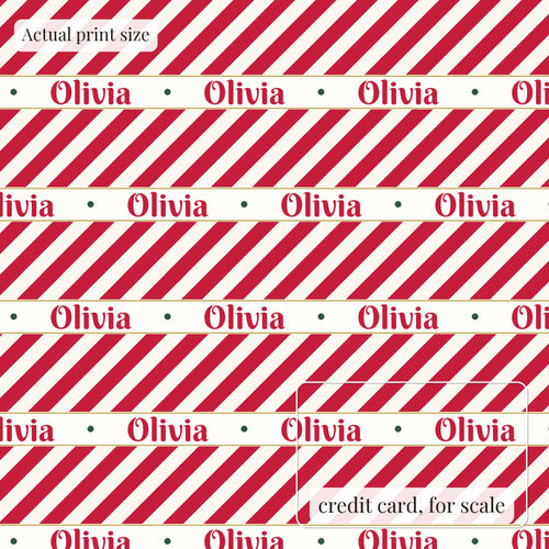 Candy cane personalized wrapping paper at actual print size, with a credit card outline for scale