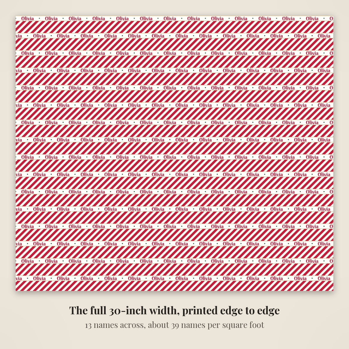 The full 30-inch width of candy cane personalized wrapping paper, 13 names across every band