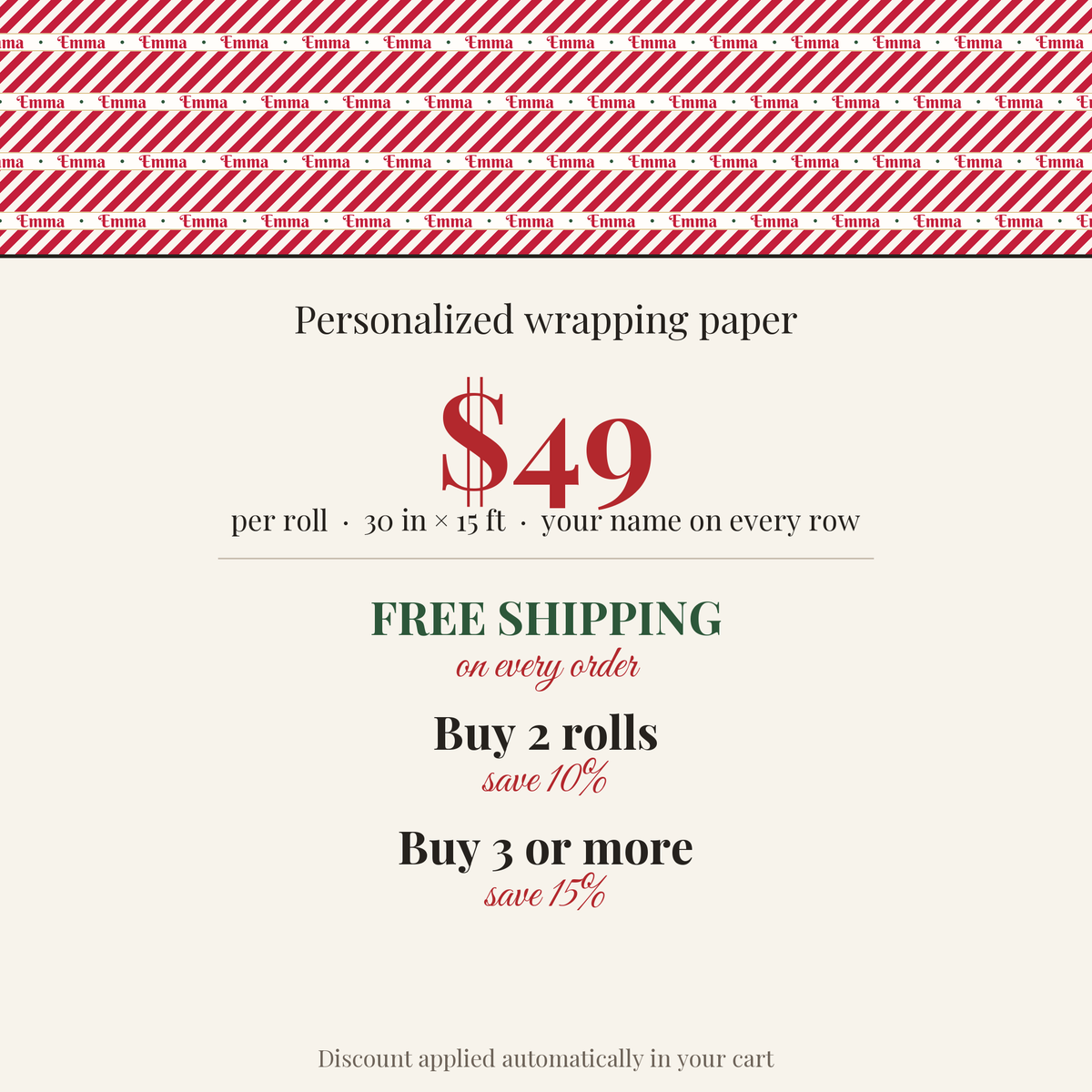 $49 per roll, free shipping on every order, buy 2 rolls save 10%, buy 3 or more save 15%