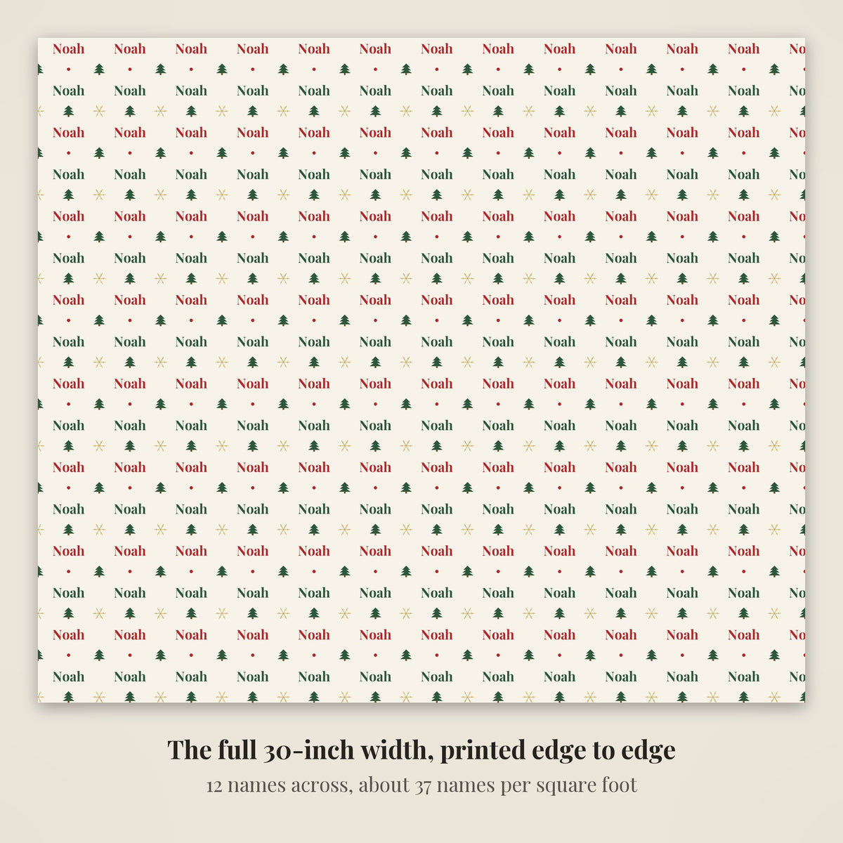 The full 30-inch width of classic name personalized wrapping paper, 12 names across every row