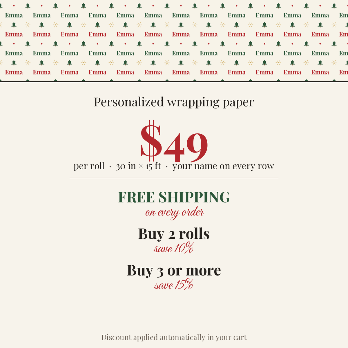 $49 per roll, free shipping on every order, buy 2 rolls save 10%, buy 3 or more save 15%
