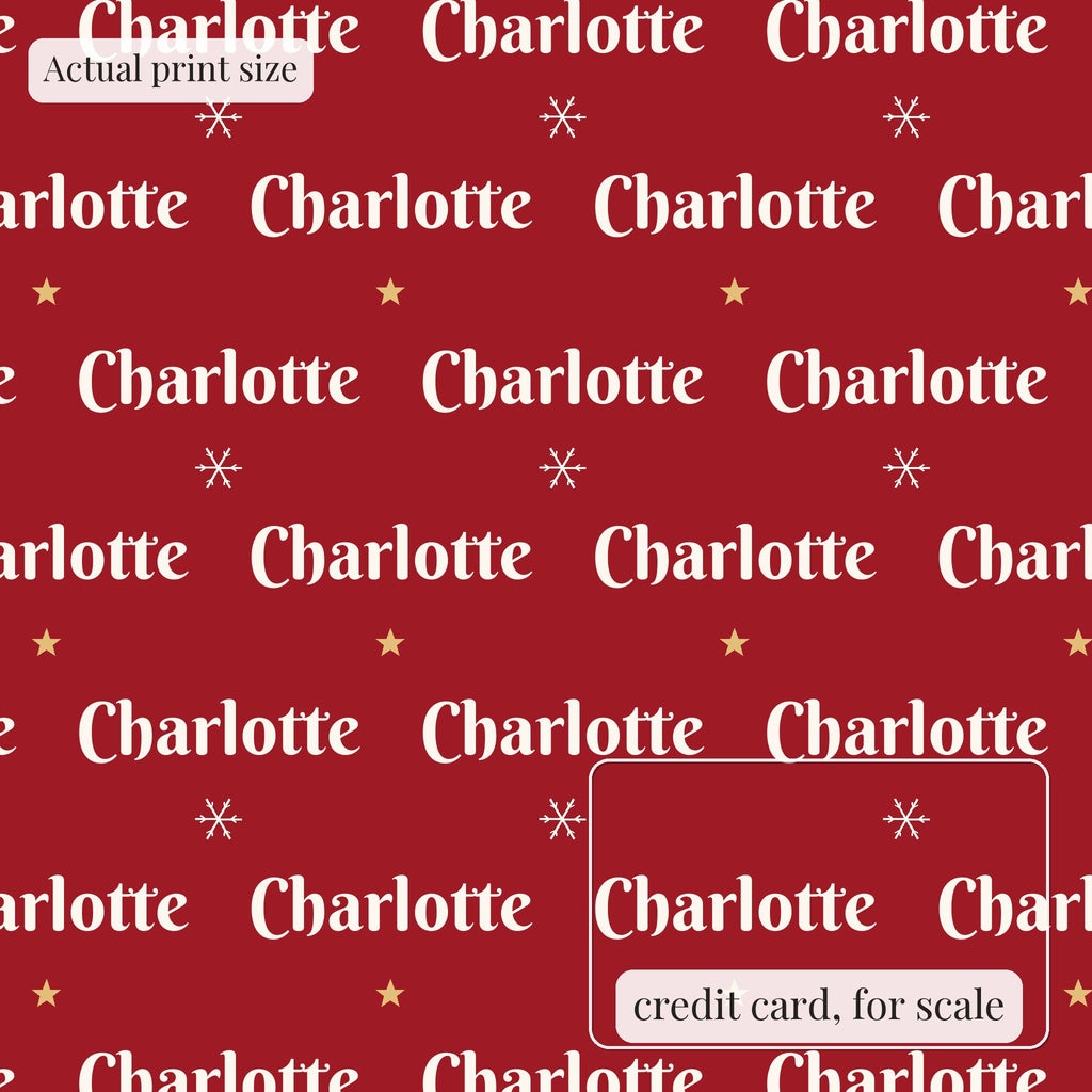 Personalized classic red Christmas paper at actual print size, with a credit card outline for scale