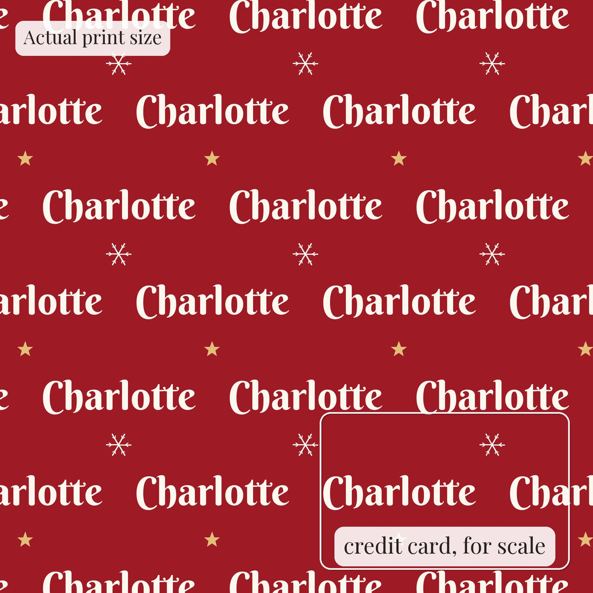 Personalized classic red Christmas paper at actual print size, with a credit card outline for scale