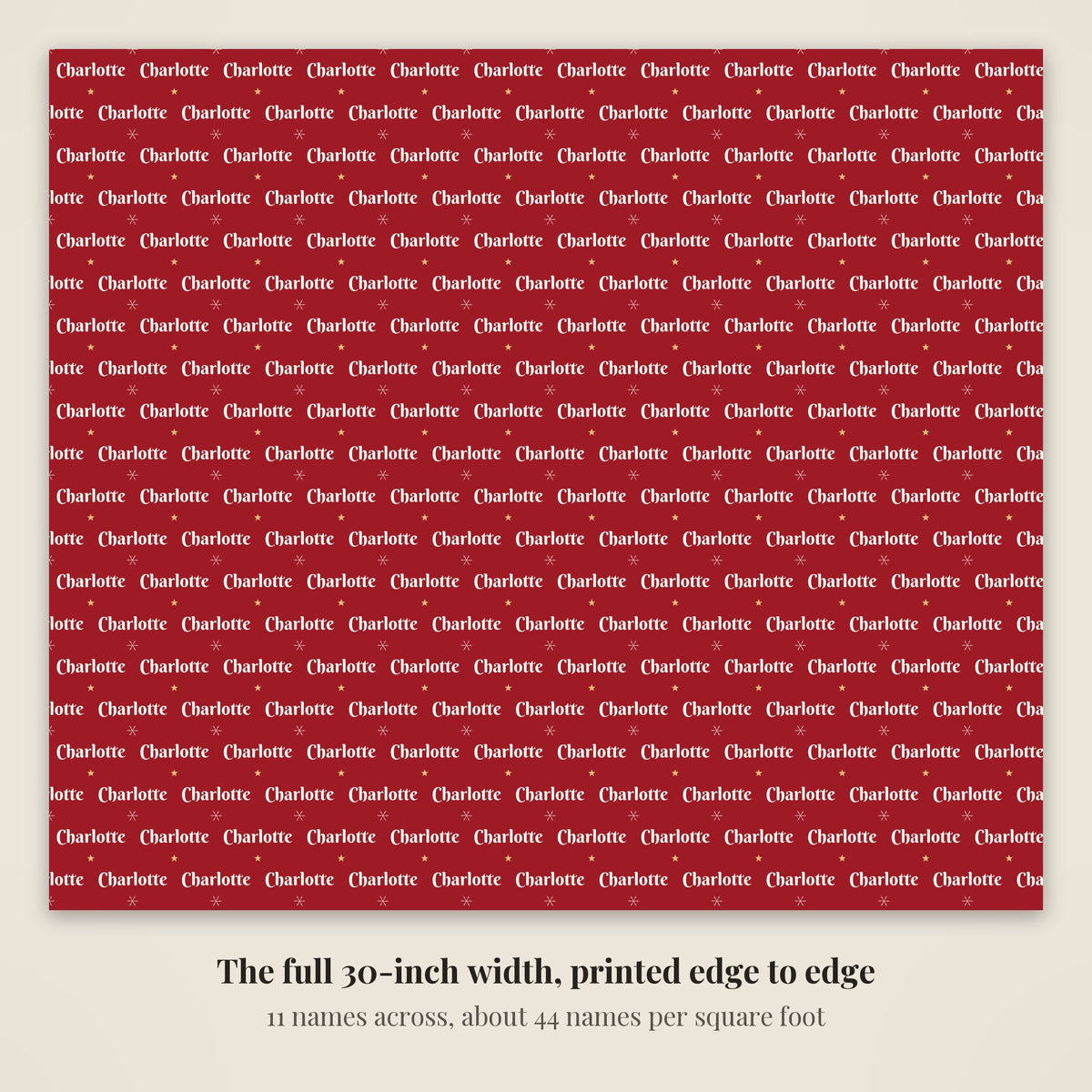 The full 30-inch width of personalized classic red Christmas paper, 11 names across every row