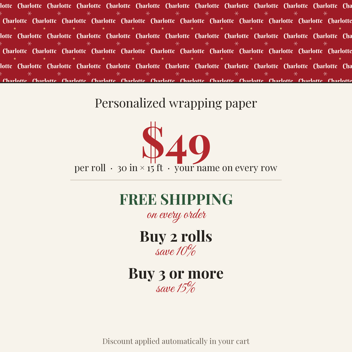 $49 per roll, free shipping on every order, buy 2 rolls save 10%, buy 3 or more save 15%