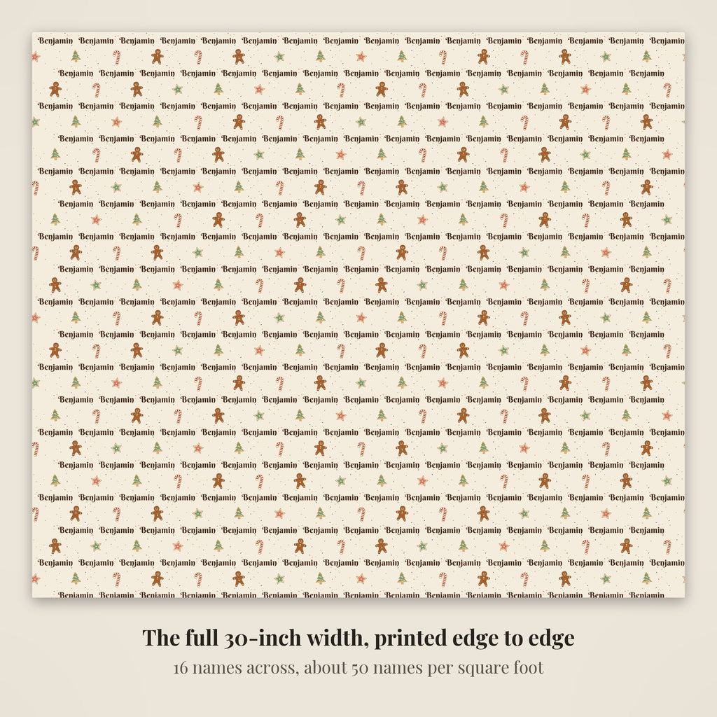 The full 30-inch width of personalized Christmas cookies paper in cream, 16 names across every row