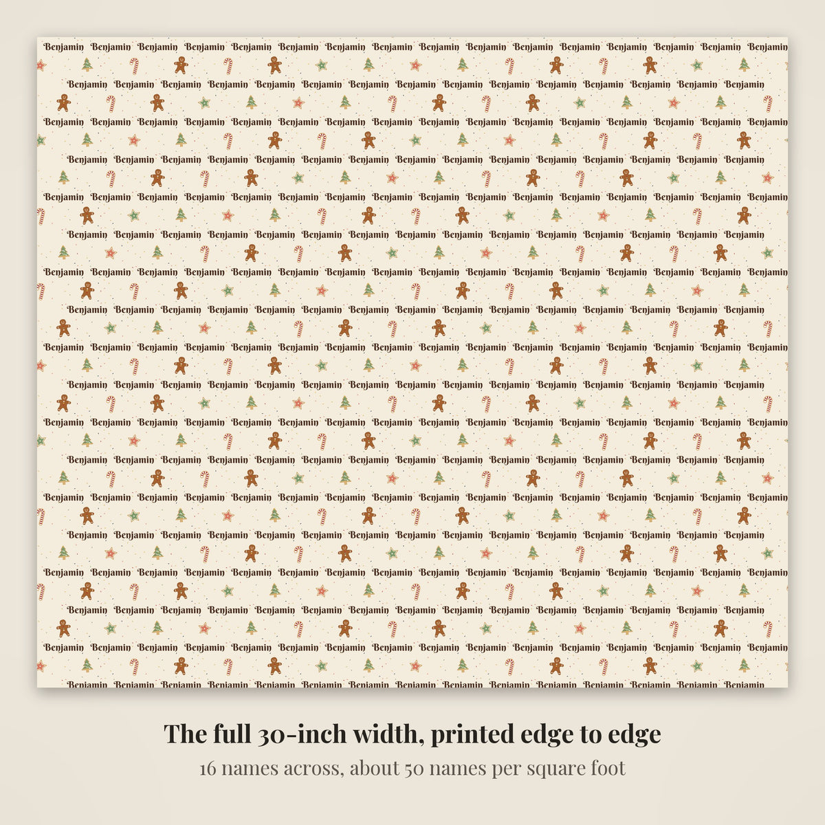 The full 30-inch width of personalized Christmas cookies paper in cream, 16 names across every row