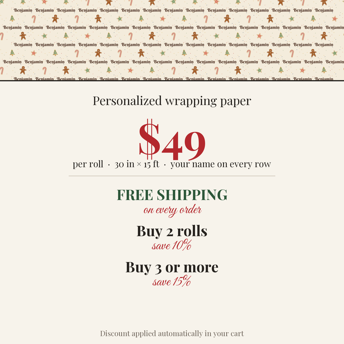 $49 per roll, free shipping on every order, buy 2 rolls save 10%, buy 3 or more save 15%