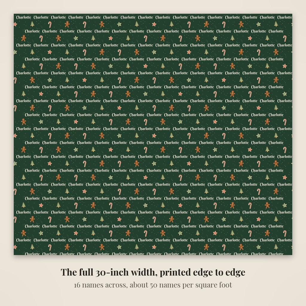 The full 30-inch width of personalized Christmas cookies paper in forest green, 16 names across every row