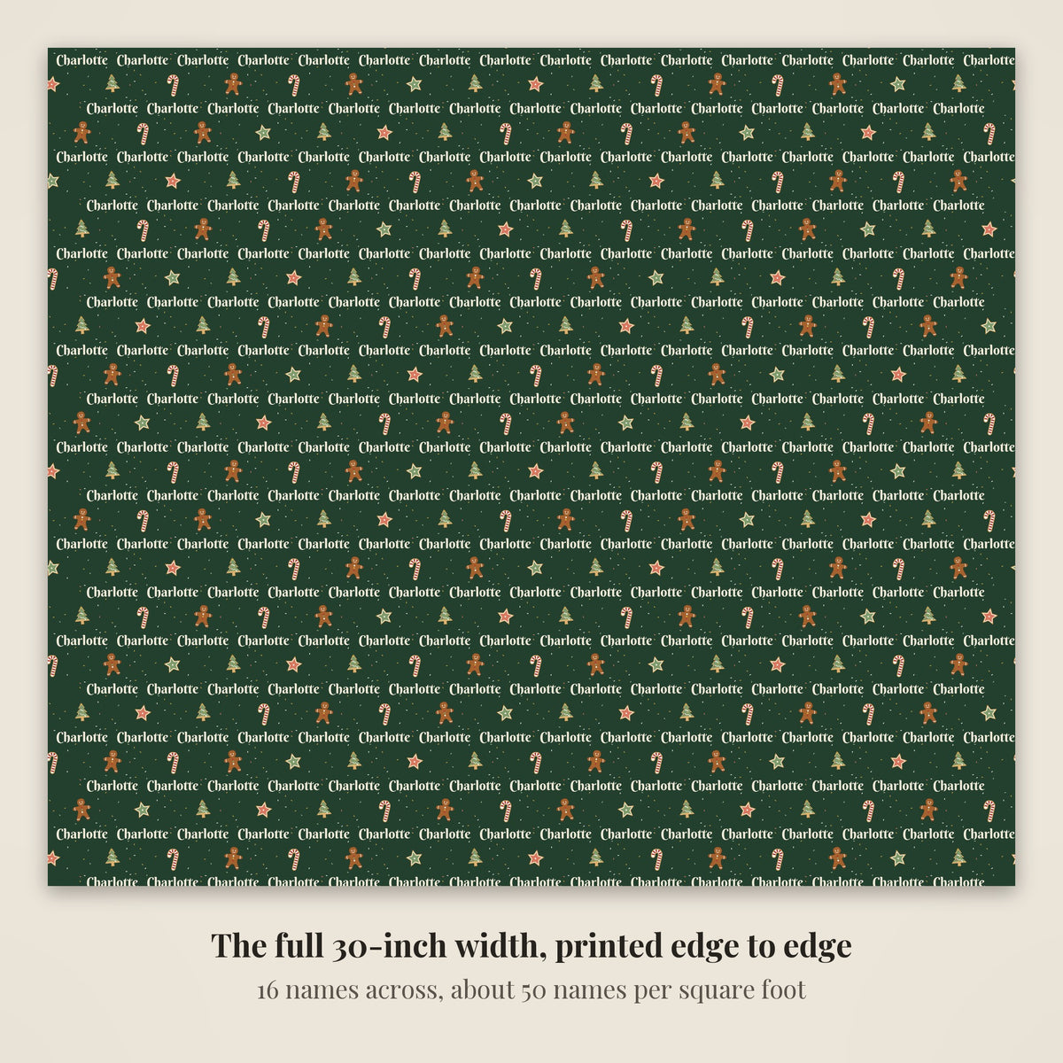 The full 30-inch width of personalized Christmas cookies paper in forest green, 16 names across every row