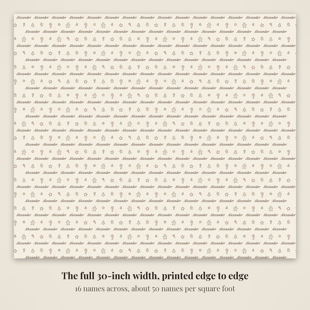 The full 30-inch width of personalized sketched cookies Christmas paper, 16 names across every row