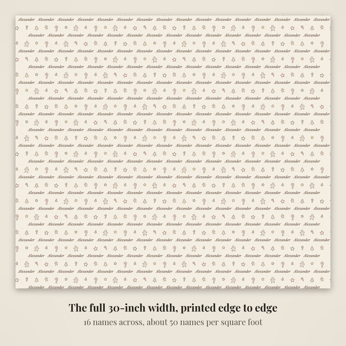 The full 30-inch width of personalized sketched cookies Christmas paper, 16 names across every row