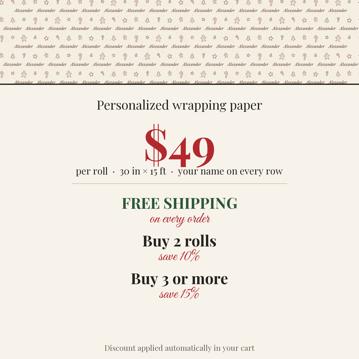 $49 per roll, free shipping on every order, buy 2 rolls save 10%, buy 3 or more save 15%