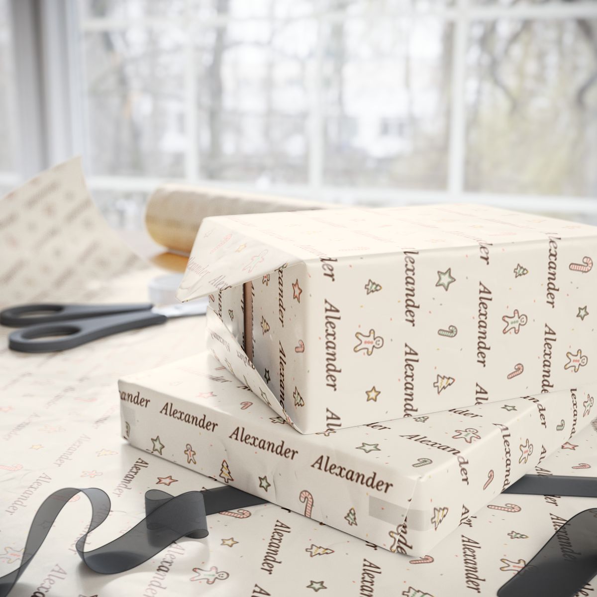 Two gifts wrapped in personalized sketched cookies Christmas paper with the name Alexander, on a table by the window