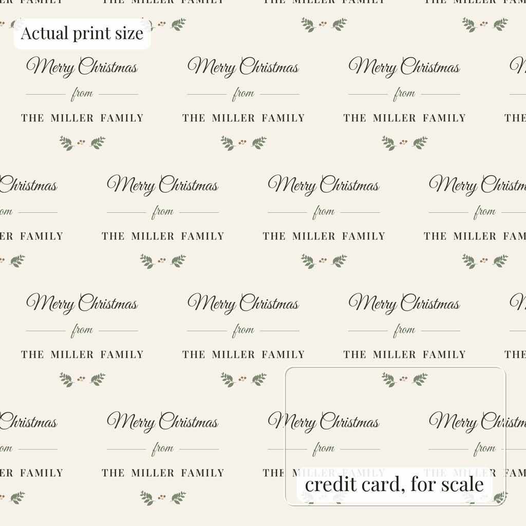 Farmhouse family personalized wrapping paper at actual print size, with a credit card outline for scale