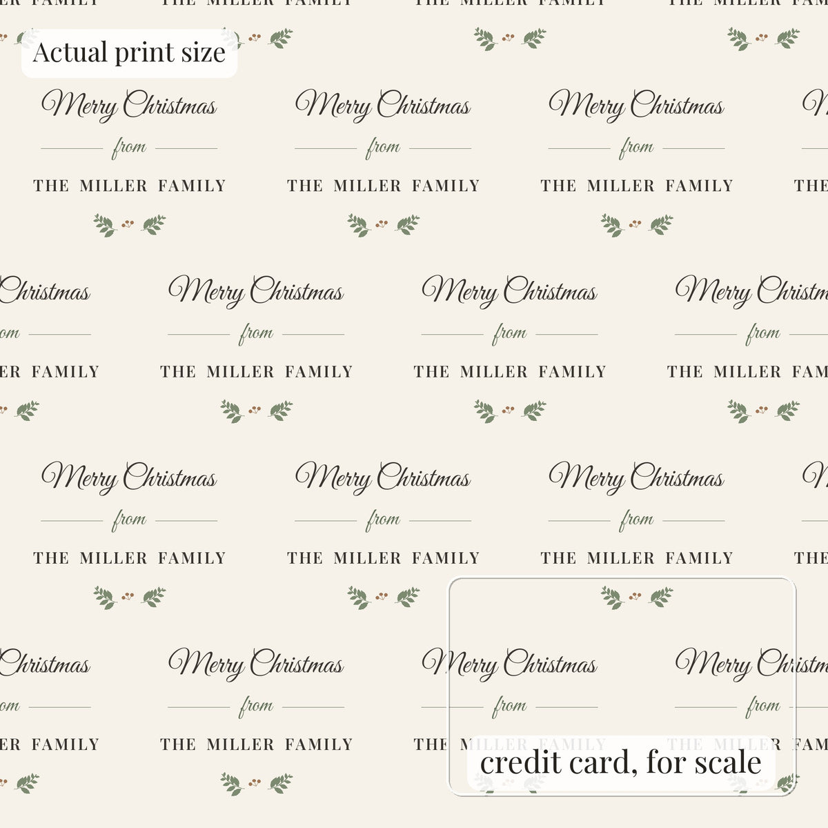 Farmhouse family personalized wrapping paper at actual print size, with a credit card outline for scale