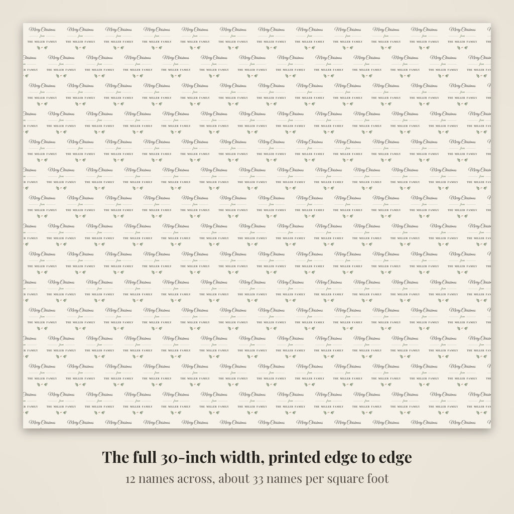 The full 30-inch width of farmhouse family personalized wrapping paper, 12 blocks across every row
