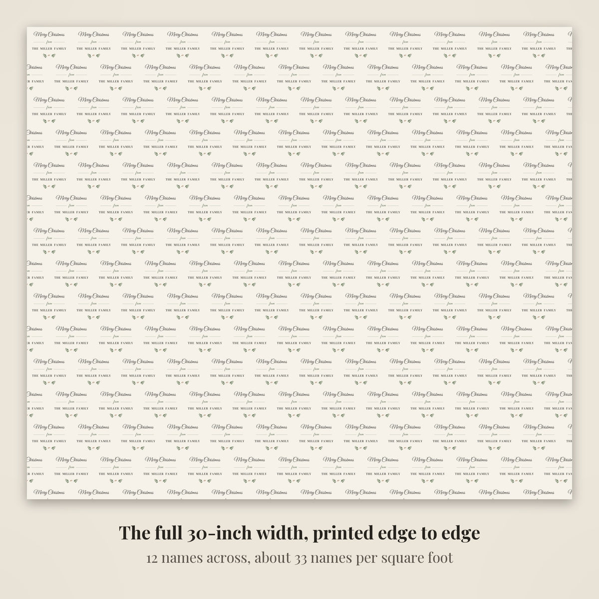 The full 30-inch width of farmhouse family personalized wrapping paper, 12 blocks across every row