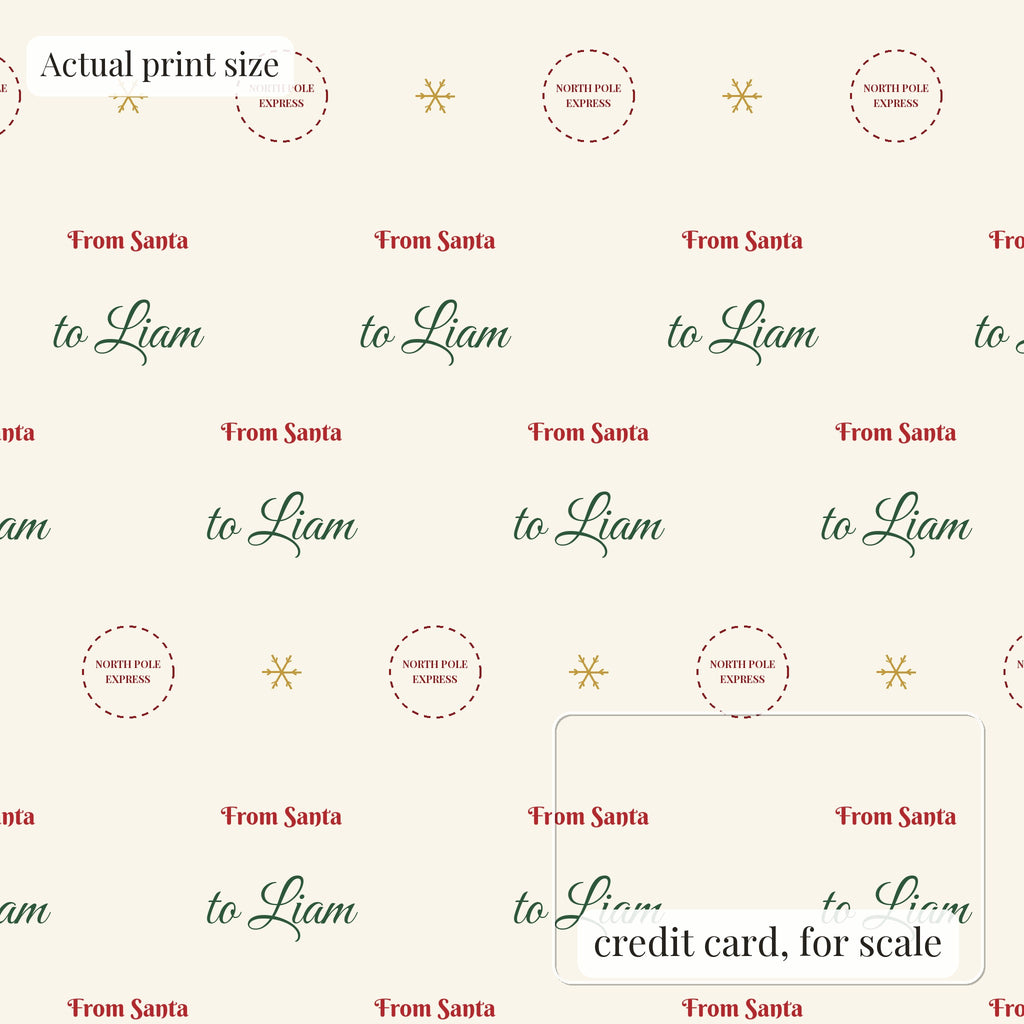 From Santa personalized wrapping paper at actual print size, with a credit card outline for scale