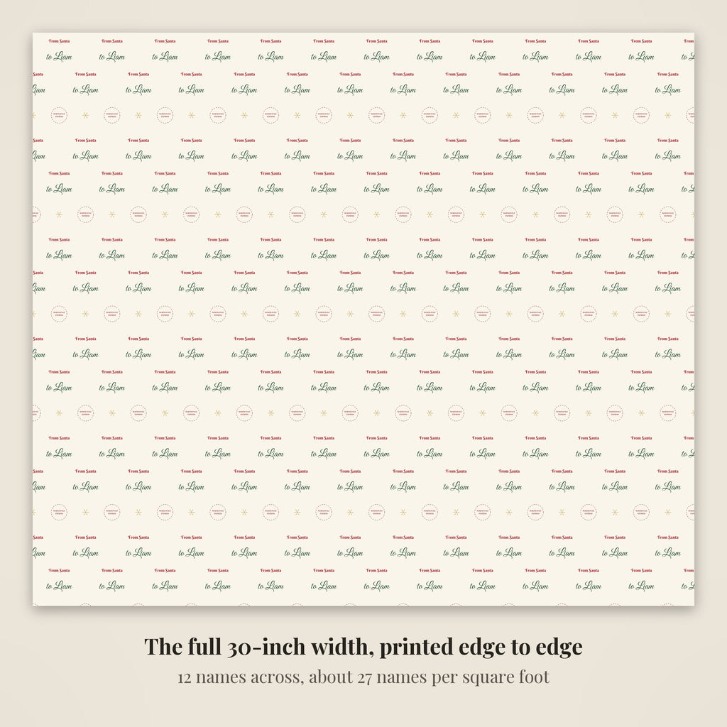 The full 30-inch width of From Santa personalized wrapping paper, 12 greetings across every row