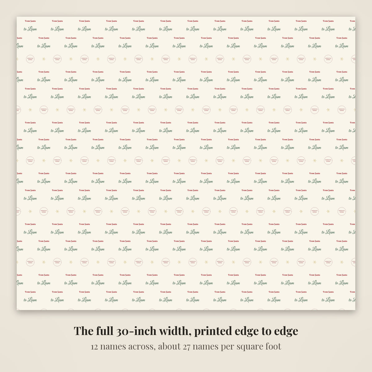 The full 30-inch width of From Santa personalized wrapping paper, 12 greetings across every row