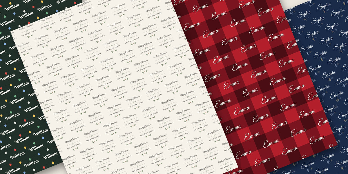 Four rolls of personalized Christmas wrapping paper laid out over each other: string lights, farmhouse family, buffalo plaid and navy snowflake