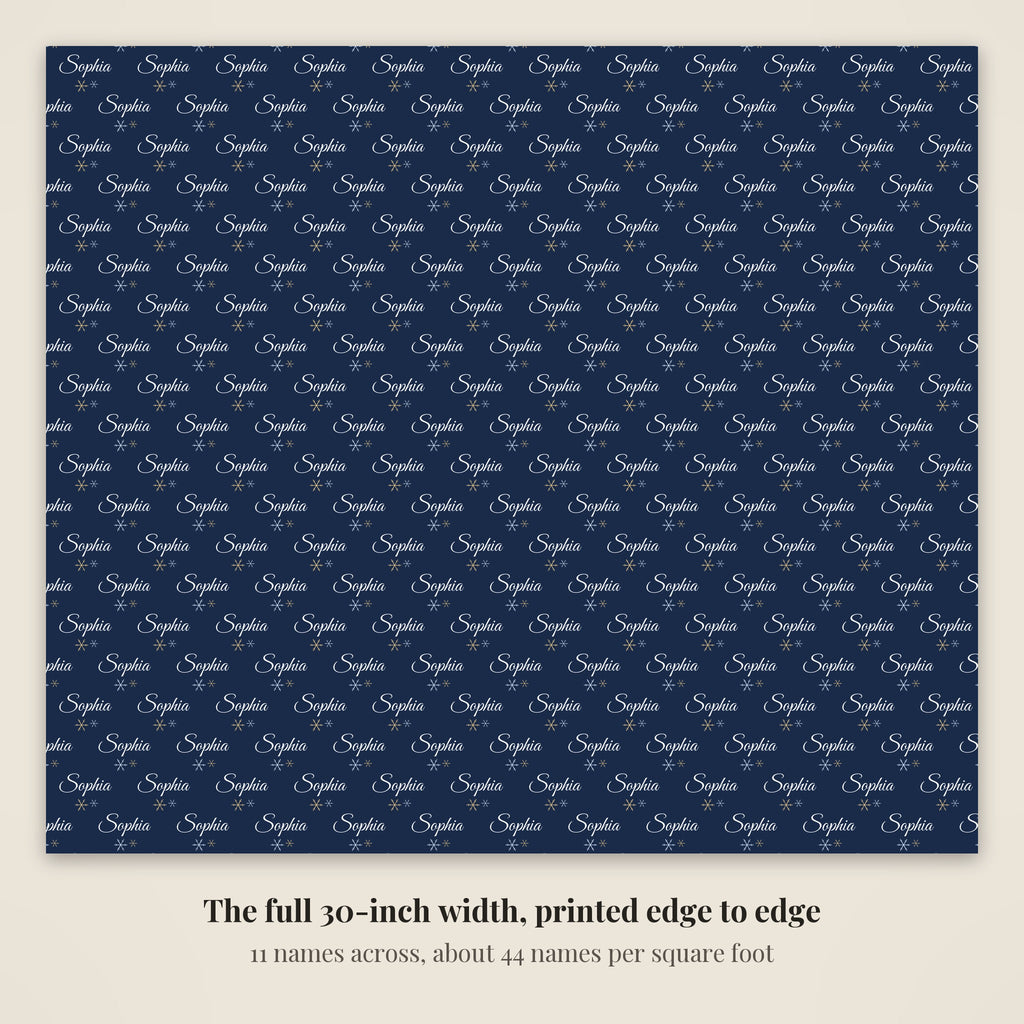 The full 30-inch width of navy snowflake personalized wrapping paper, 11 names across every row