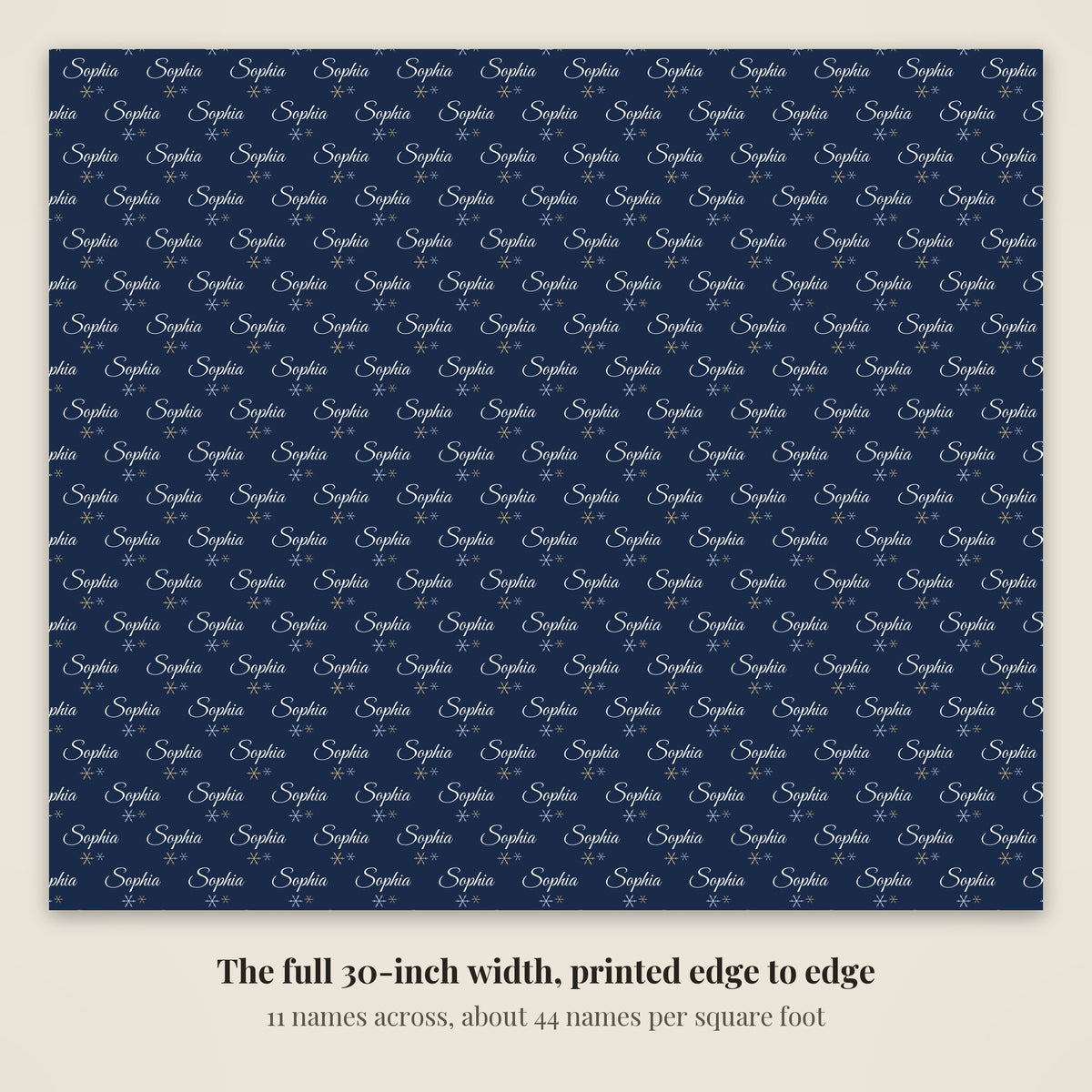 The full 30-inch width of navy snowflake personalized wrapping paper, 11 names across every row