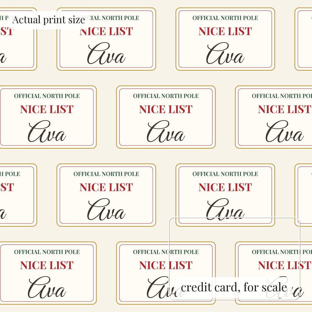 Nice List personalized wrapping paper at actual print size, with a credit card outline for scale