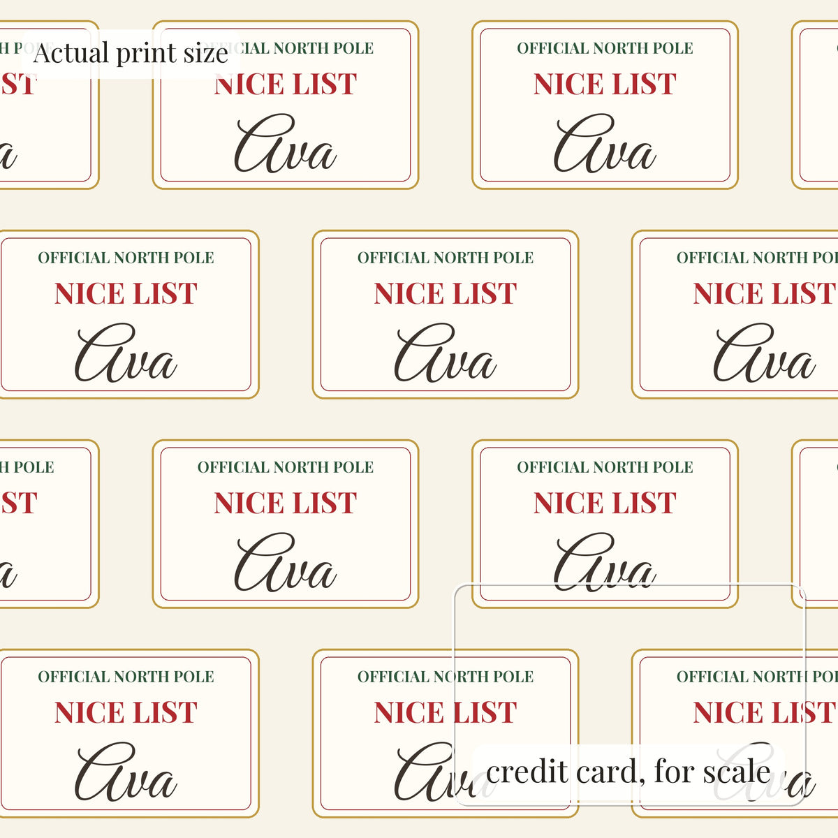 Nice List personalized wrapping paper at actual print size, with a credit card outline for scale