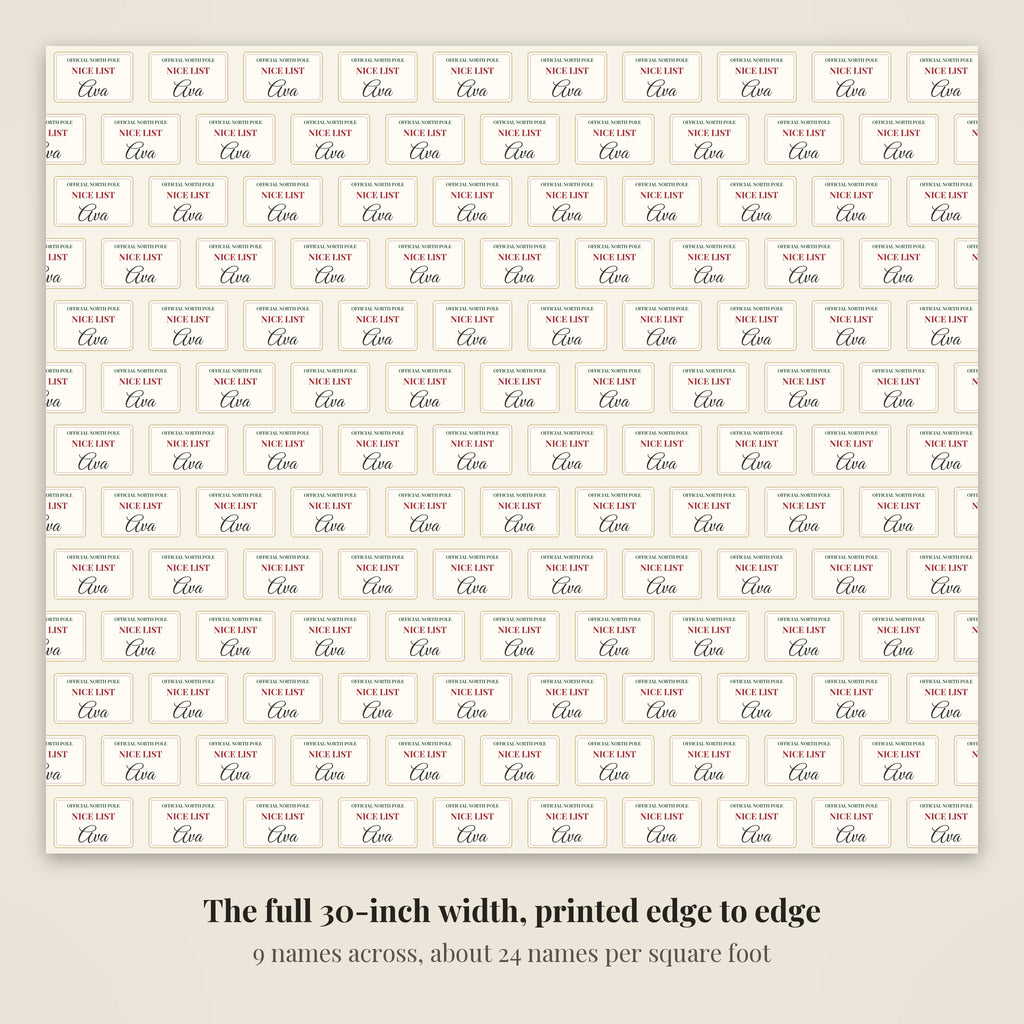 The full 30-inch width of Nice List personalized wrapping paper, 9 cards across every row