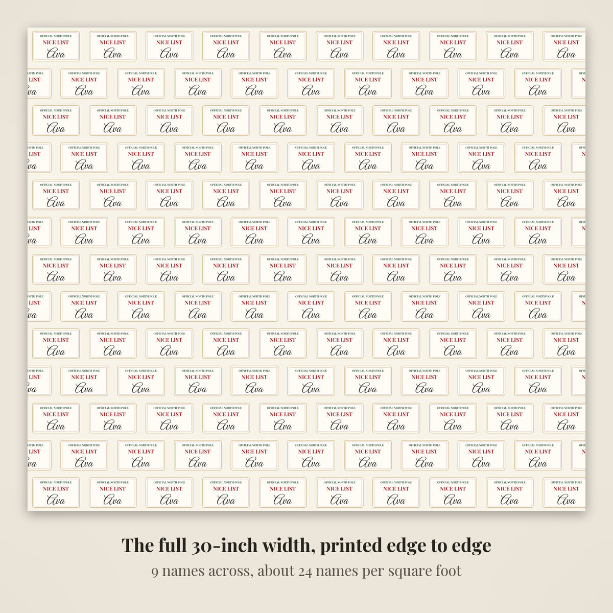 The full 30-inch width of Nice List personalized wrapping paper, 9 cards across every row
