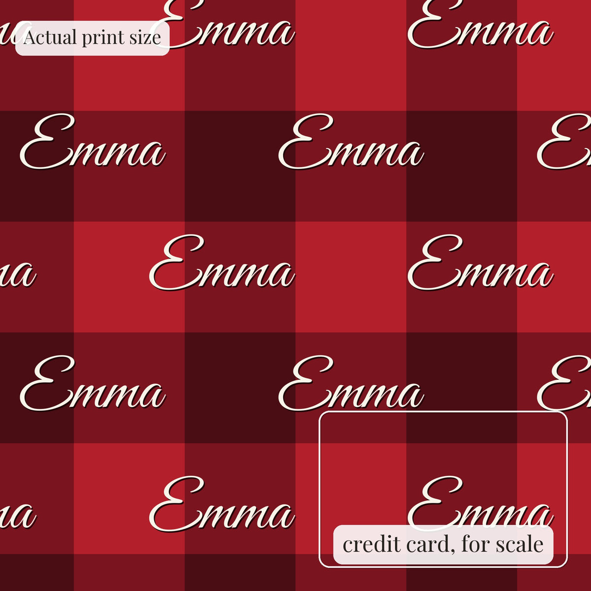 Buffalo plaid personalized wrapping paper at actual print size, with a credit card outline for scale