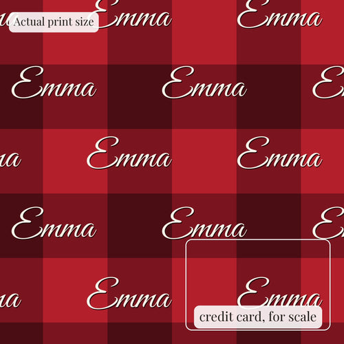 Buffalo plaid personalized wrapping paper at actual print size, with a credit card outline for scale