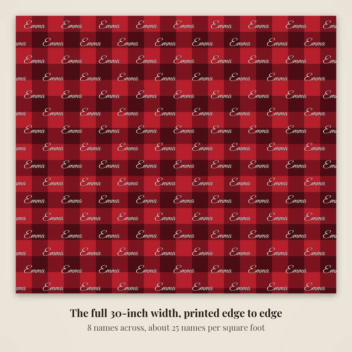 The full 30-inch width of buffalo plaid personalized wrapping paper, 8 names across every row