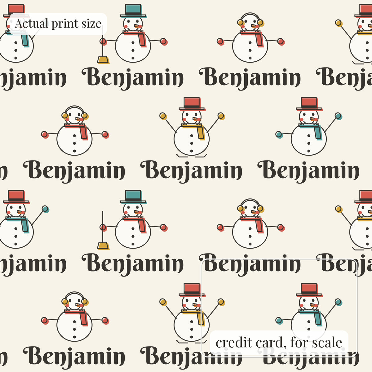 Personalized snowman parade Christmas paper at actual print size, with a credit card outline for scale