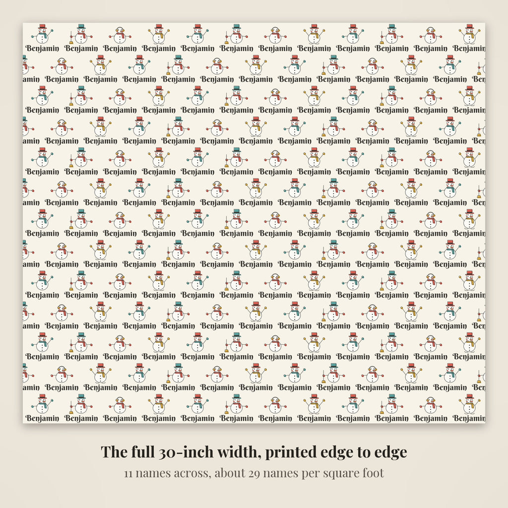 The full 30-inch width of personalized snowman parade Christmas paper, 12 names across every row