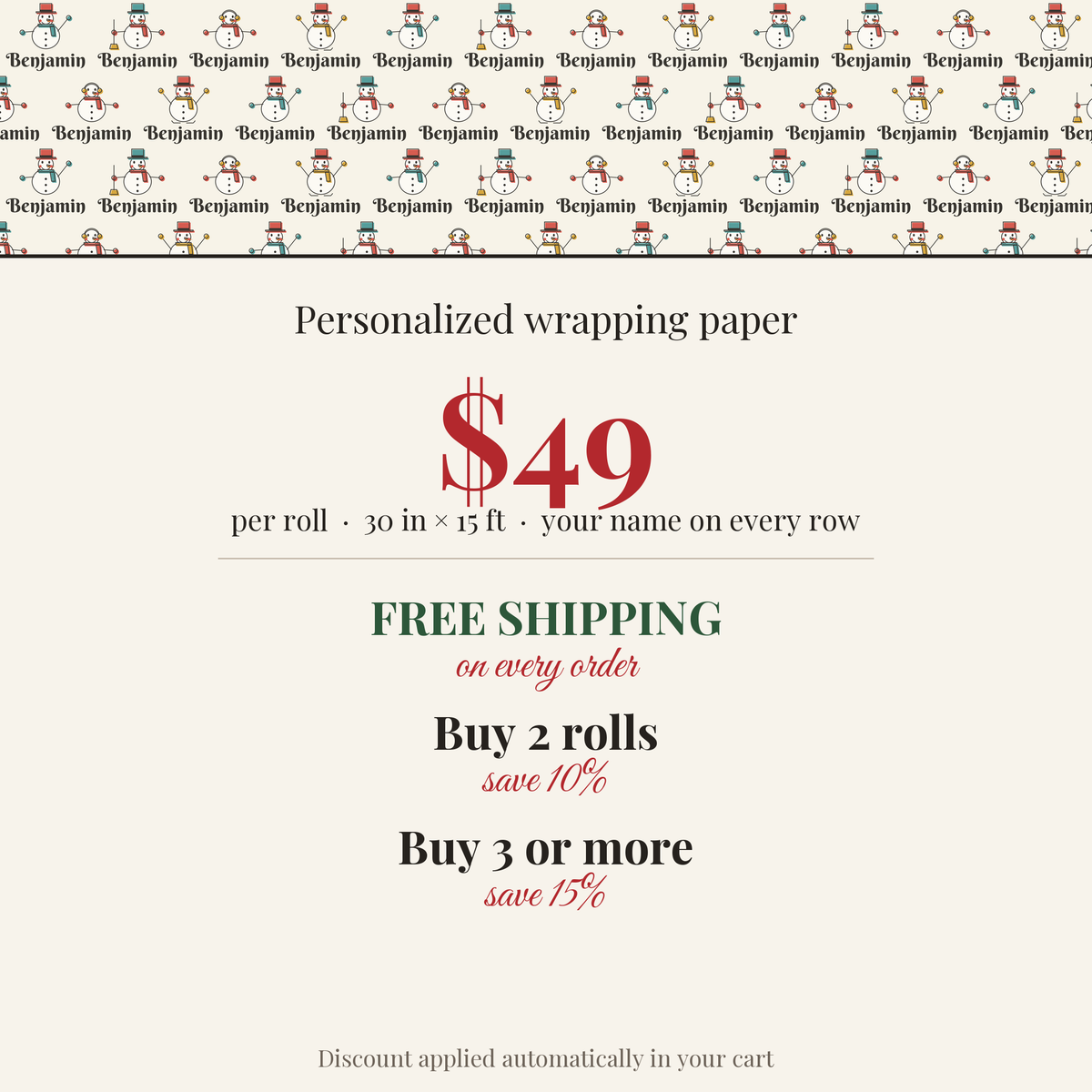 $49 per roll, free shipping on every order, buy 2 rolls save 10%, buy 3 or more save 15%