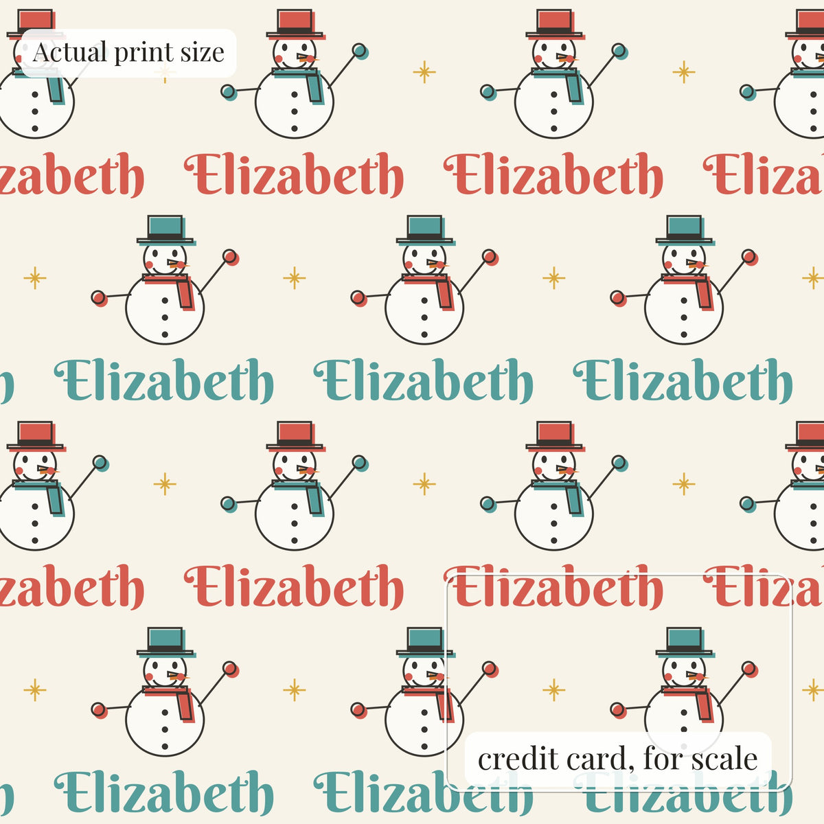 Personalized retro snowman Christmas paper at actual print size, with a credit card outline for scale