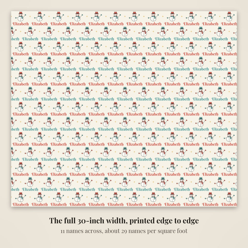 The full 30-inch width of personalized retro snowman Christmas paper, 12 names across every row