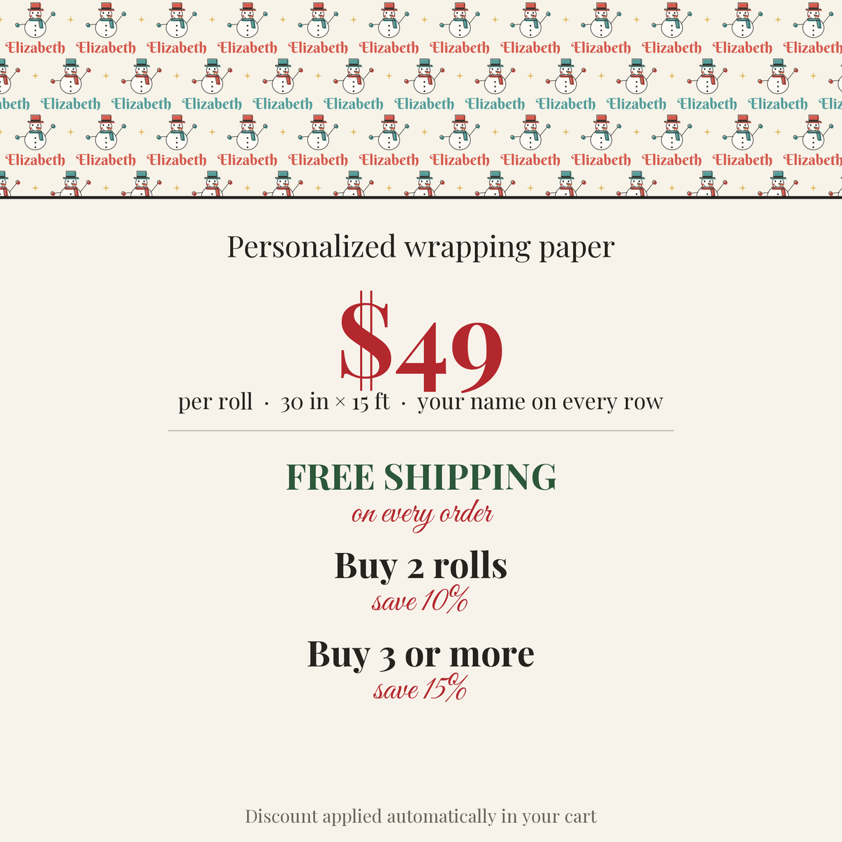 $49 per roll, free shipping on every order, buy 2 rolls save 10%, buy 3 or more save 15%