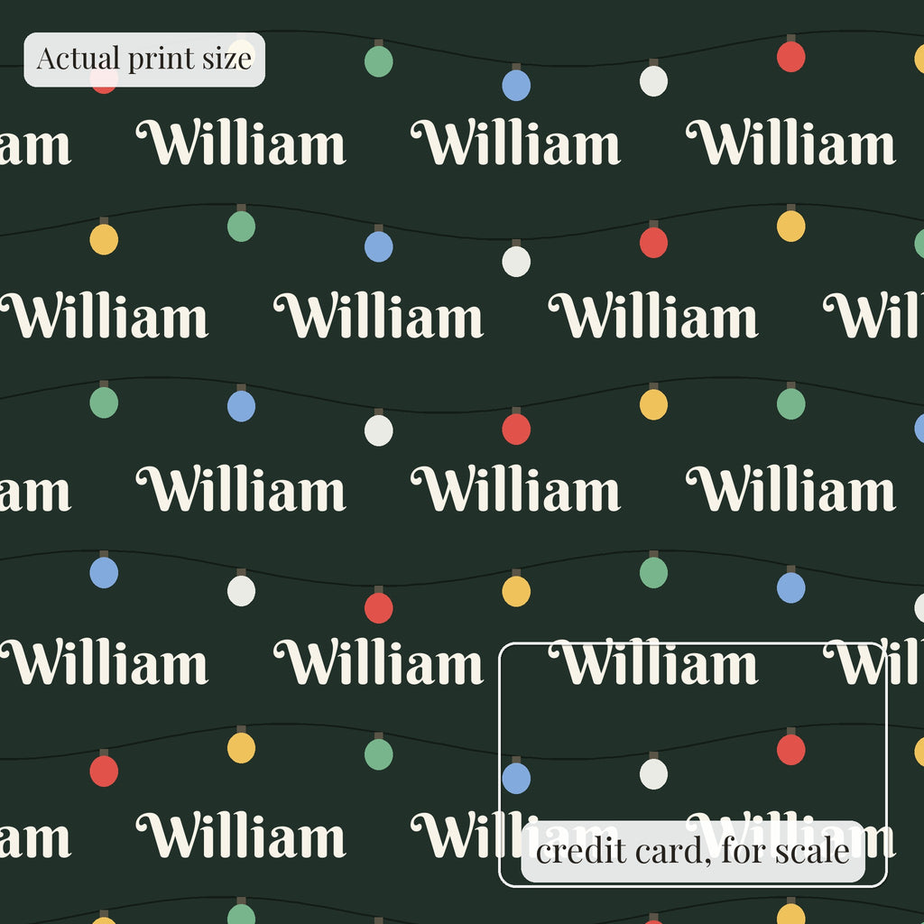 String lights personalized wrapping paper at actual print size, with a credit card outline for scale